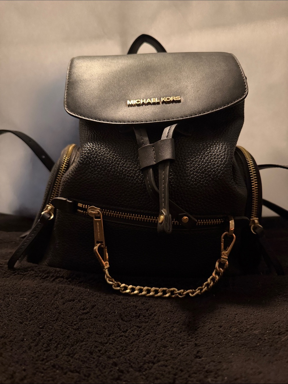 Michael Kors Black Leather Mini Backpack with Gold Accents